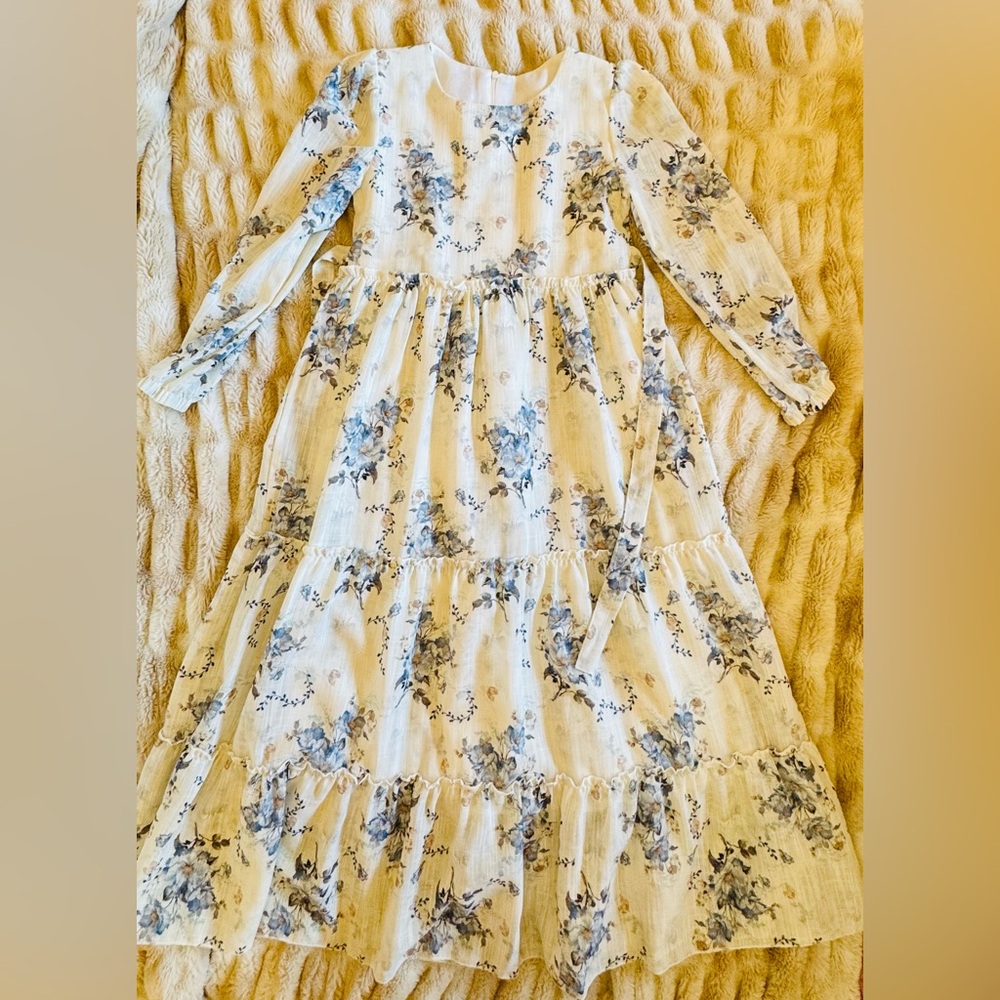 Girls' Long-Sleeve Floral Tiered Dress - Blue on Cream